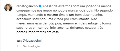 Em post na web, Renato volta a falar em "erros infantis" do Grêmio: "Fomos superiores"