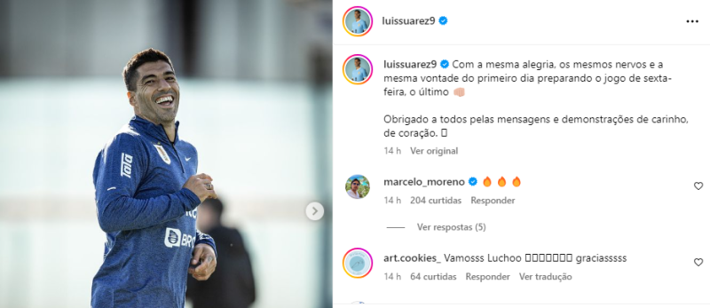 Elogiado por Renato, Suárez faz novo post na web antes de dia marcante na carreira