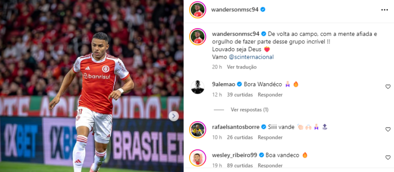 Wanderson volta a ser opção no Inter e celebra retorno em post na web: "Mente afiada"