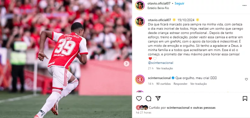 "Dia que ficará marcado para sempre na minha vida", diz Luis Otavio sobre estreia pelo Inter