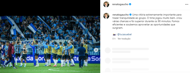 Renato retoma o comando do Grêmio e explica significado da vitória contra o Fortaleza