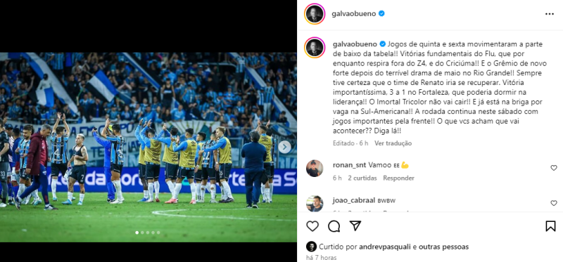 Galvão Bueno faz comentário a favor de Renato e elogia Grêmio: "Sempre tive certeza"