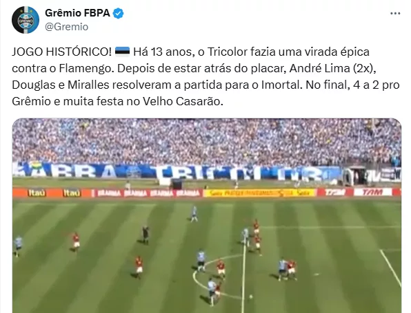 Grêmio publica post de "aniversário" da vitória sobre o Flamengo de Ronaldinho Gaúcho: "Histórico"