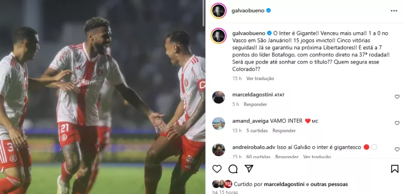 Galvão Bueno se encanta com o Inter de Roger e cita briga pelo título: "Quem segura?"