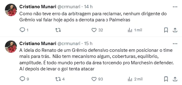 Jornalista alfineta "ausência" da direção do Grêmio após jogo contra o Palmeiras: "Não teve erro do árbitro"