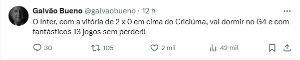 Comentário de Galvão Bueno após Inter 2x0 Criciúma empolga colorados: "Fantástico"