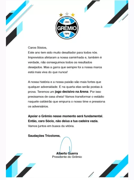 Presidente Alberto Guerra escreve carta ao torcedor do Grêmio antes do jogo contra o Juventude