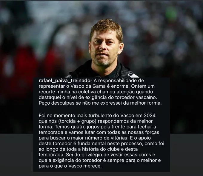 Técnico do Vasco concede entrevista polêmica após derrota para o Inter e se desculpa