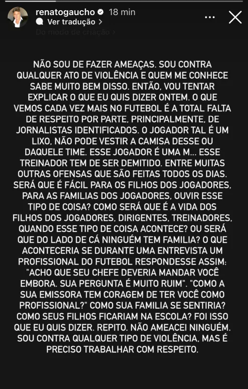 Renato publica longo texto se explicando sobre coletiva polêmica: "Não ameacei ninguém"