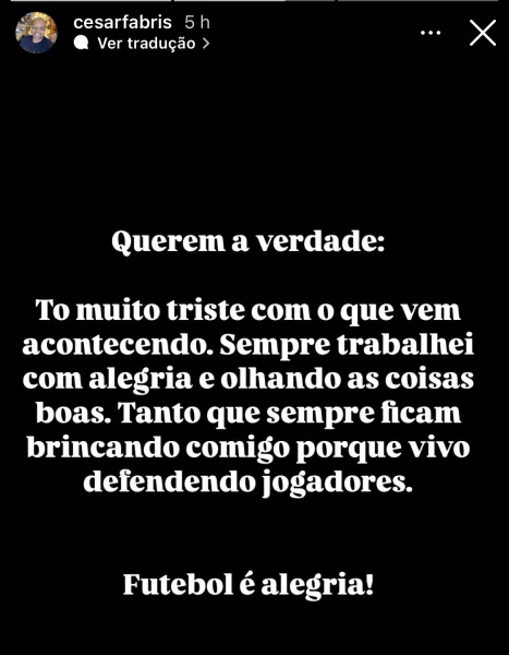 Após atrito com o presidente do Grêmio, Fabris se manifesta na web: "Muito triste"