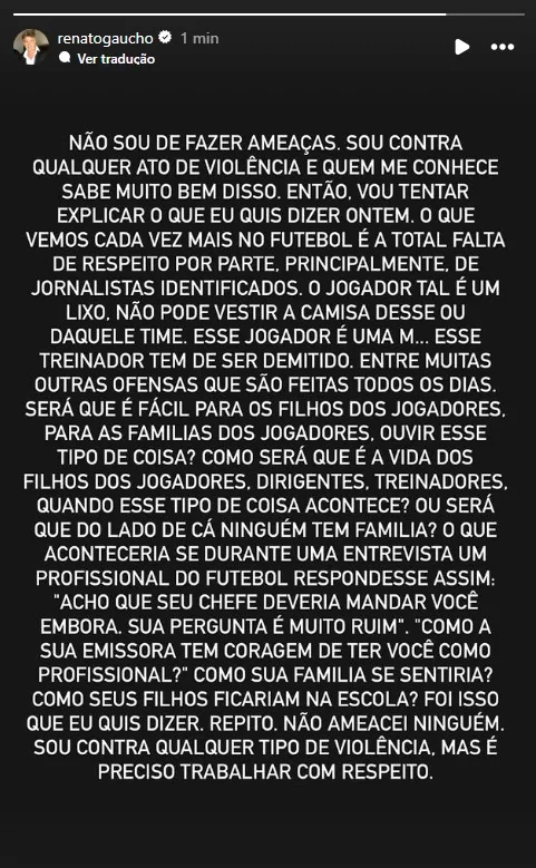 Renato compartilha texto de Rica Perrone criticando imprensa: "Fala o que quer, mas tem consequência"