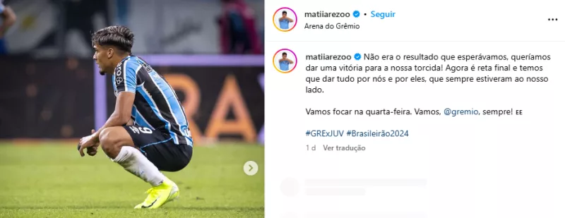 Arezo se manifesta na web e mostra frustração após empate do Grêmio com o Juventude