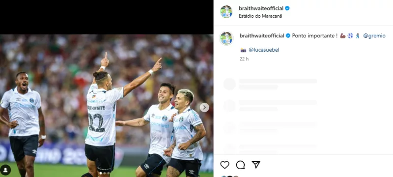 Braithwaite se manifesta na web após o empate do Grêmio com o Fluminense