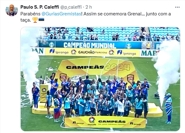 Ex-dirigente do Grêmio provoca Inter após final do Gauchão Feminino: "Aqui se comemora com taça"