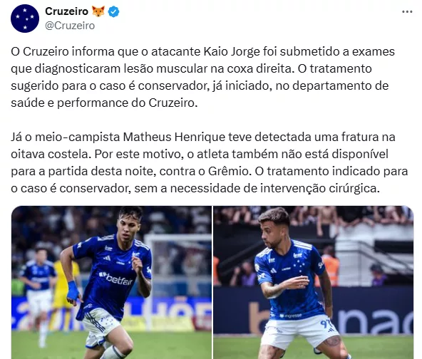 Matheus Henrique e mais: Cruzeiro confirma dois desfalques antes de pegar o Grêmio