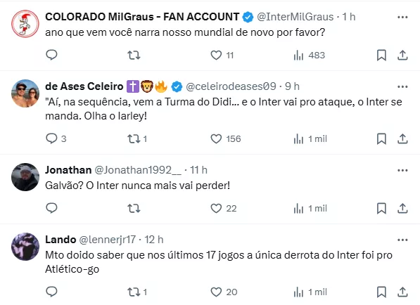 Comentário de Galvão Bueno após Inter 2x0 Criciúma empolga colorados: "Fantástico"