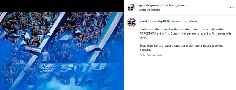 A mensagem publicada pela Geral do Grêmio depois do empate com o Juventude