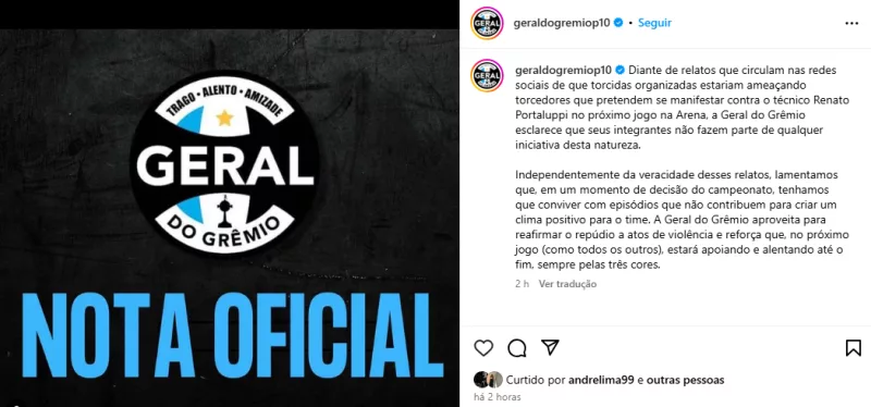 Geral do Grêmio promete "alentar até o fim" e solta nota sobre suposto protesto contra Renato