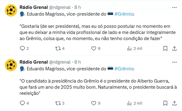 Atual dirigente do Grêmio "coloca" Guerra como candidato à reeleição: "Naturalmente"