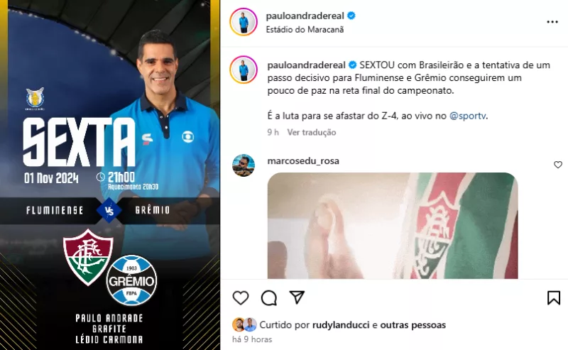 Narrador que transmitirá Fluminense x Grêmio faz post na web: "Luta para se afastar do Z-4"