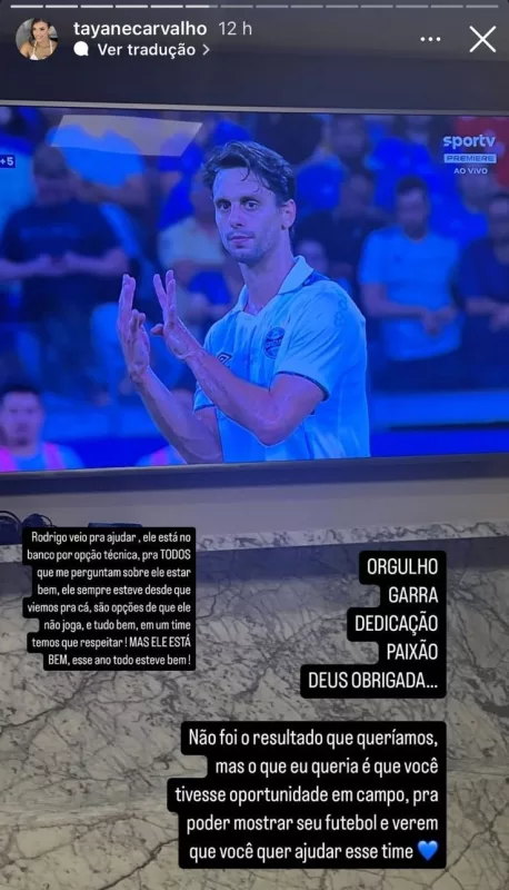 Esposa de Rodrigo Caio desabafa na web após empate do Grêmio contra o Cruzeiro