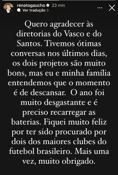 Vasco e mais um: Renato revela duas propostas, mas diz que o momento é de "descansar"