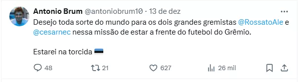 "Estarei na torcida": o recado dado por Antônio Brum sobre a nova fase do Grêmio