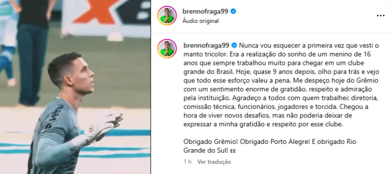 Goleiro do Grêmio publica despedida ao clube nas redes sociais: "Nunca vou esquecer"