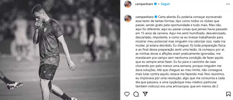 Ex-Inter, Campanharo revela drama vivido no Atlético-GO: "Humilhado, desvalorizado, descartado"