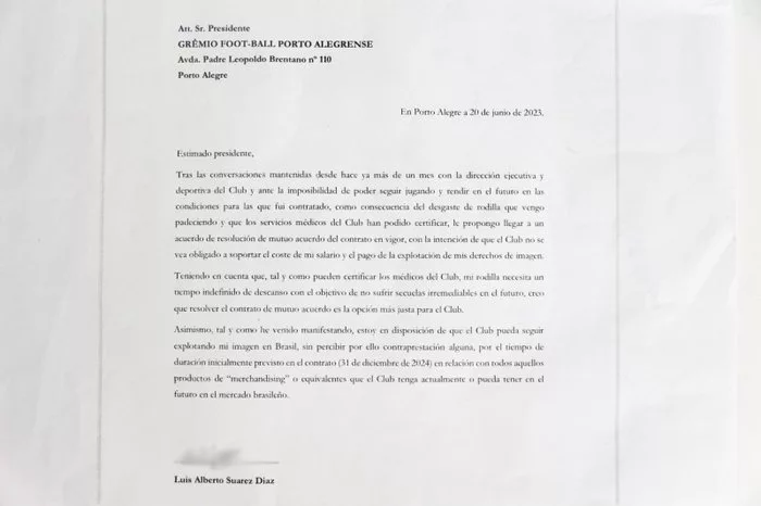 Site revela conteúdo de carta escrita por Suárez ao presidente do Grêmio seis meses antes da saída