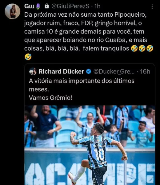 Esposa de jogador do Grêmio se manifesta com ironias na web após vitória na Arena