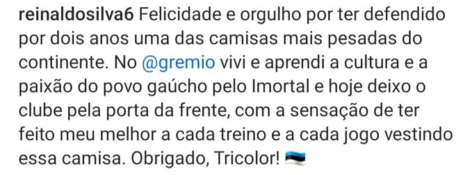 Reinaldo confirma que não fica no Grêmio e dá adeus ao clube: "Porta da frente"