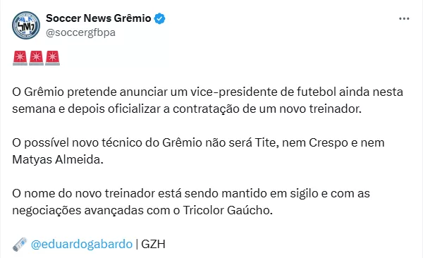 Três treinadores que já estão descartados pelo Grêmio para a temporada de 2025