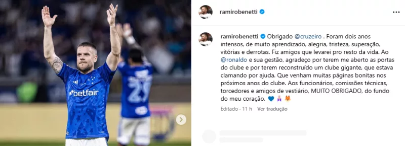 Serve de volta? Ex-Grêmio, Ramiro publica texto de despedida ao Cruzeiro: "Dois anos intensos"