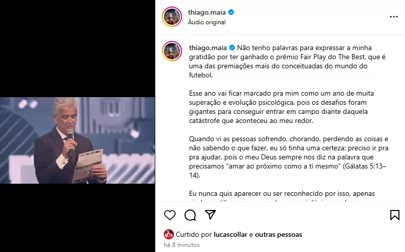 Na web, Thiago Maia agradece premiação da Fifa e explica ausência em cerimônia