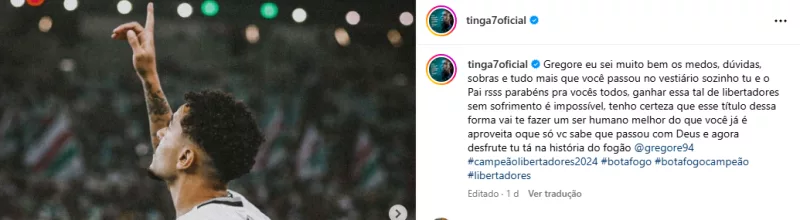 Tinga manda recado para volante do Botafogo expulso na final da Libertadores: "Sei o que passou"