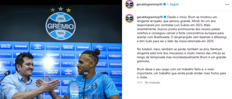 Geral do Grêmio publica nota de despedida para Antônio Brum: "Dirigente arrojado"