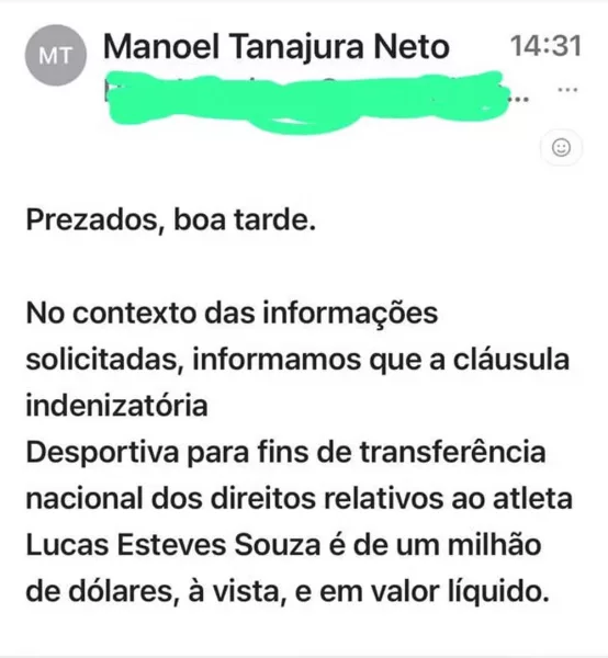 Caso Lucas Esteves: site revela email enviado pela direção do Vitória ao Grêmio