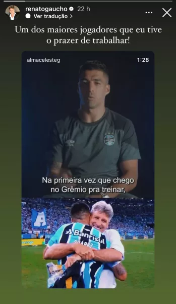 Renato acompanha documentário do Grêmio e responde fala de agradecimento de Suárez