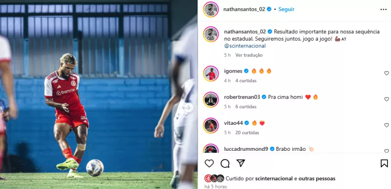 Nathan reaparece no time do Inter, se manifesta na web e pode até se tornar titular