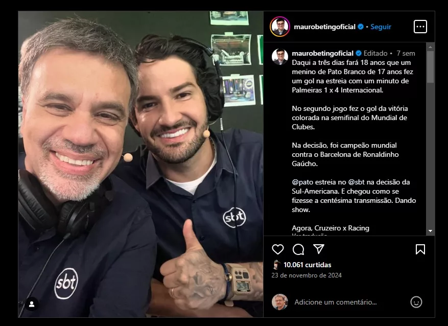 Ex-Inter, Alexandre Pato retorna ao SBT como comentarista esportivo em 2025