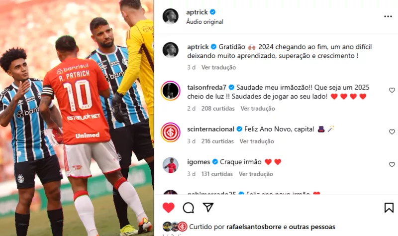 Taison responde mensagem de fim de ano de jogador do Inter: "Saudades de jogar contigo"