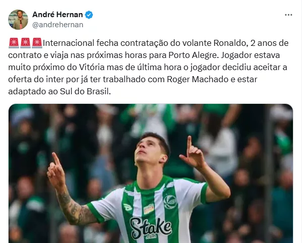 Inter encaminha contratação de jogador que estava no Juventude para atender pedido de Roger