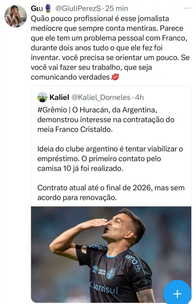 Esposa de jogador do Grêmio se irrita com jornalista gaúcho: "Sempre conta mentiras"