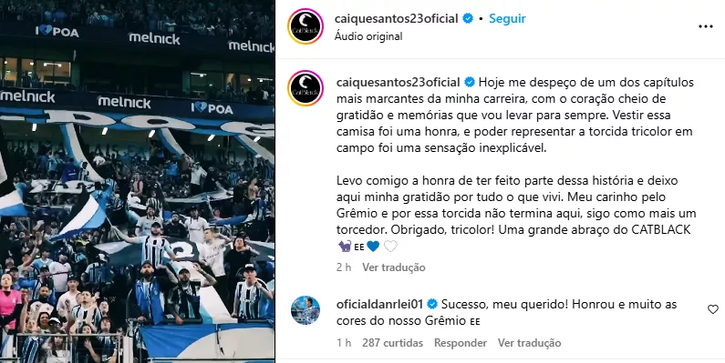 Com recado de Danrlei, Caíque publica despedida oficial ao Grêmio: "Sigo como torcedor"