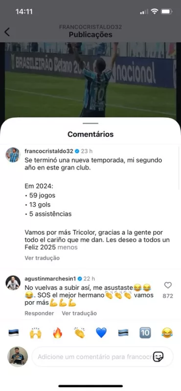 Cristaldo faz post de fim de ano na web e "assusta" goleiro do Grêmio; entenda