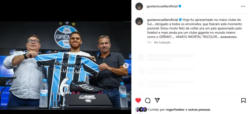 Em publicação na web, Cuéllar crava que Grêmio é maior que o Inter: "Clube gigante"