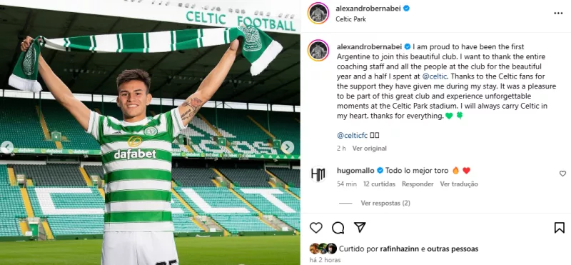 Confirmado no Inter, Bernabei escreve texto de despedida ao Celtic: "Obrigado por tudo"