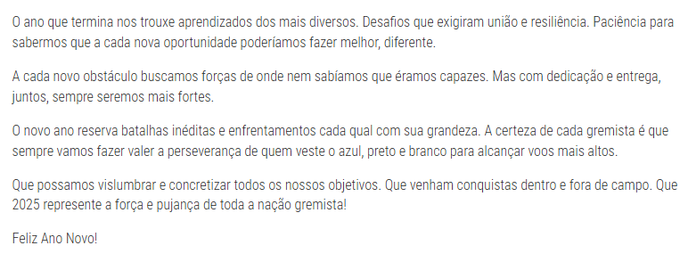 Grêmio publica mensagem de final de ano e projeta "batalhas inéditas" em 2025