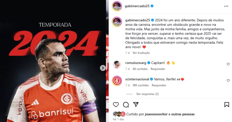 Gabriel Mercado publica post de fim de ano e admite "obstáculo grande" na carreira